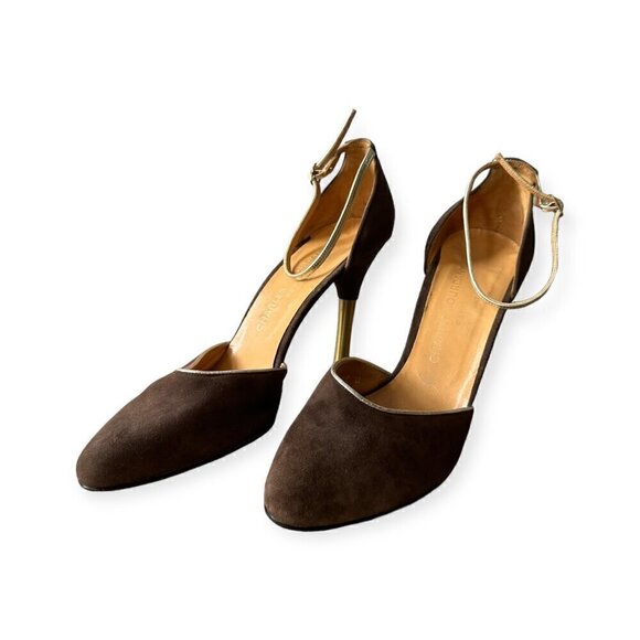Charles Jourdan Brown Suede Ankle Strap Pumps With Gold Metal Heel, Size 8 1/2 - Picture 5 of 15